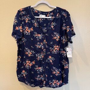 Croft & Barrow Royal Blue Floral Button Front Blouse NWT Large